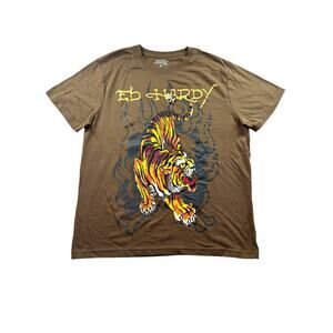 Ed Hardy Crawling Tiger Short Sleeve Brown Shirt Mens M Tattoo Y2K Edgy Grunge